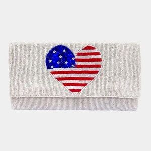 NEW American Flag Lip Patriotic FULL BEADED Seed Bead Clutch w/ Crossbody Chain